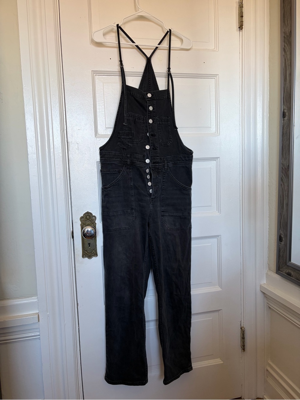 Anthropologie Black Button-Front Denim Overalls
